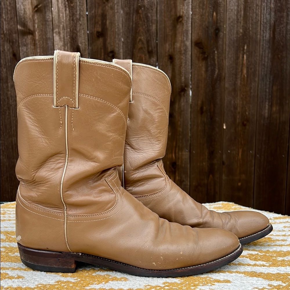Justin Ropers Classic Tan Leather Cowboy Boots Goodyear Oil Resistant Sole Work - Picture 2 of 16